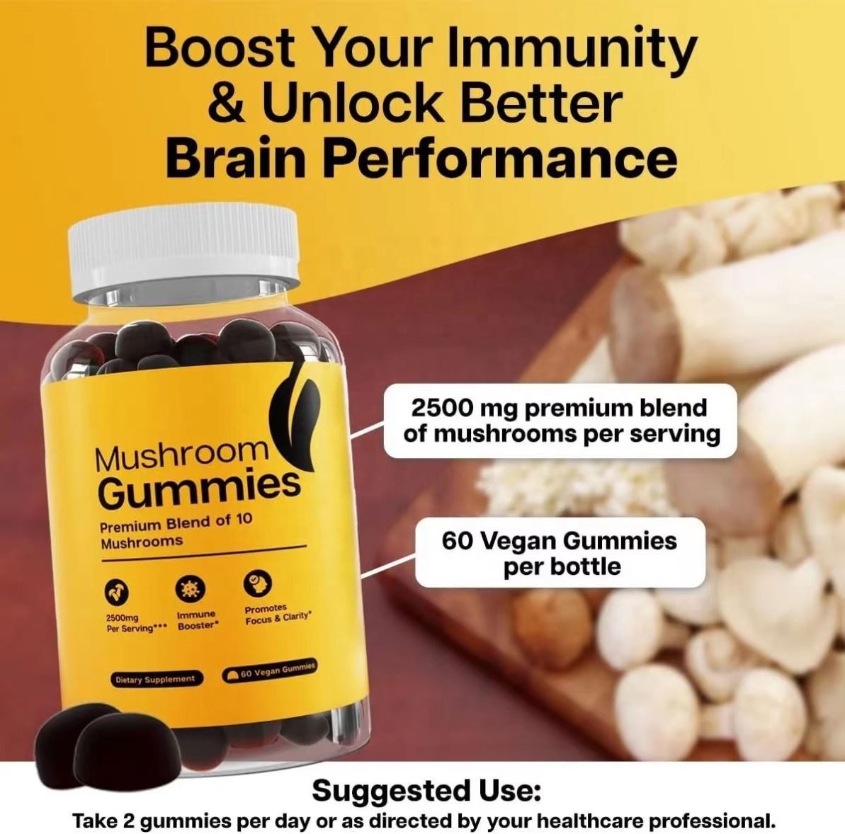 Wholesaler Price OEM 60pcs Mushroom Complex Gummies 10 Blend Mushroom