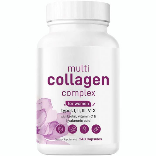Multi Collagen Complex for Women, 240 Capsules with Hyaluronic Acid, Biotin, & Vitamin C  Hydrolyzed Protein Peptides