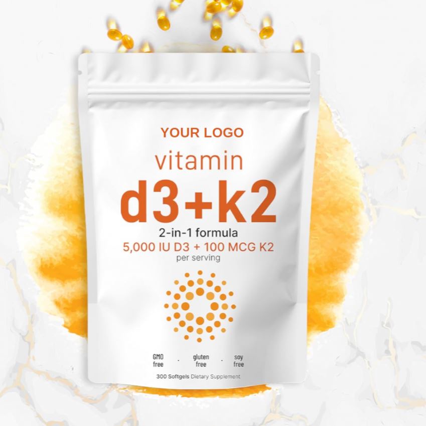 Factory Hot Sale Health Supplement Vitamin D3 K2 Softgel Vegan Raw Material 10000iu Vitamin D3 K2 Capsules