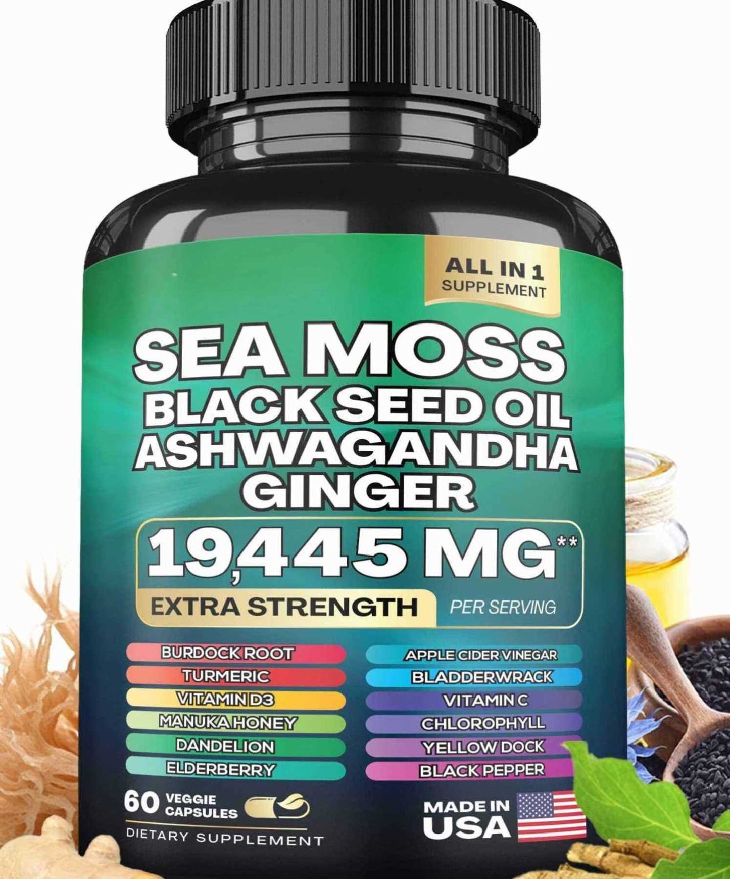 7000mg Sea Moss Capsules 16-in-1 Supplements Black Seed Oil Ashwagandha Turmeric Bladderwrack Burdock Complex Seamoss Capsule