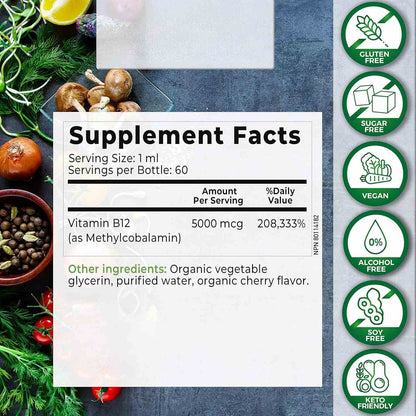 OEM Natural Organic CHERRY FLAVOR Sublingual Extra Strength 5000 mcg Methylcobalamin Vitamin B12 Liquid Drops