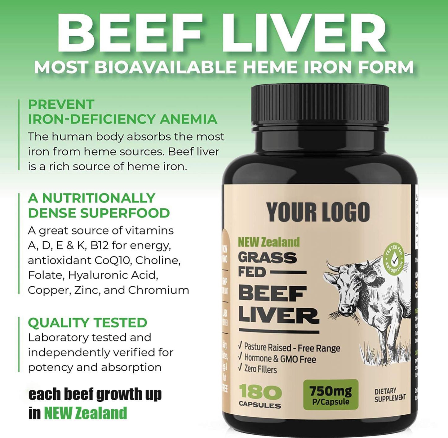 High Absorption New Zealand Grassfed Beef Liver Supplement Capsule Natural Vitamin B12 CoQ10 Sports Nutrition