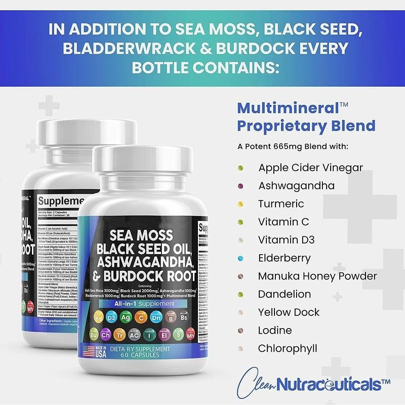 OEM Herbal Supplements Sea Moss Capsules Black Seed Oil Turmeric Bladderwrack Burdock Complex Seamoss Capsule