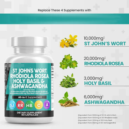Adult Mood Support Supplements St John's Wort Capsules Rhodiola Rosea Holy Basil Vitamin C Black Pepper Extract Men Women