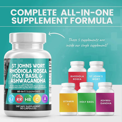 Adult Mood Support Supplements St John's Wort Capsules Rhodiola Rosea Holy Basil Vitamin C Black Pepper Extract Men Women