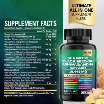 7000mg Sea Moss Capsules 16-in-1 Supplements Black Seed Oil Ashwagandha Turmeric Bladderwrack Burdock Complex Seamoss Capsule