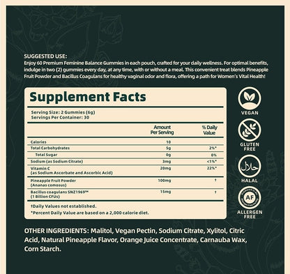 Premium Feminine Balance Gummies for Women Wellness Vegan Gluten Free Halal Hawaiian Pineapple