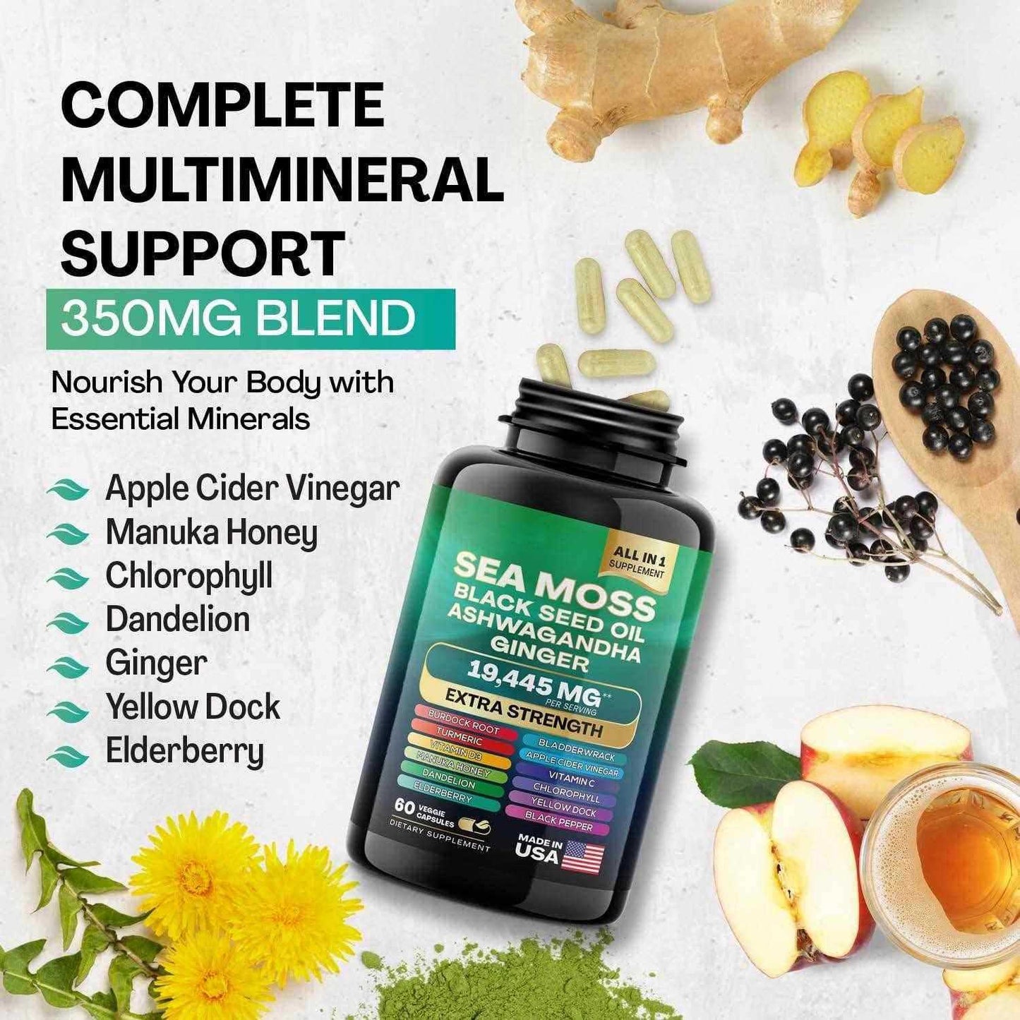 7000mg Sea Moss Capsules 16-in-1 Supplements Black Seed Oil Ashwagandha Turmeric Bladderwrack Burdock Complex Seamoss Capsule