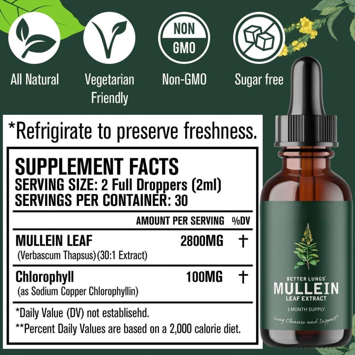 Lungs Mullein Leaf Extract Support Natural Supplement Tincture Drops