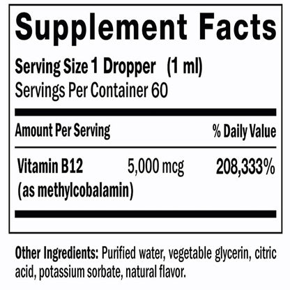 Maximum Absorption Formula Vitamin B12 Liquid Drops Sublingual 5000mcg Methylcobalamin Supplements for Women and Men B12 Vitamin