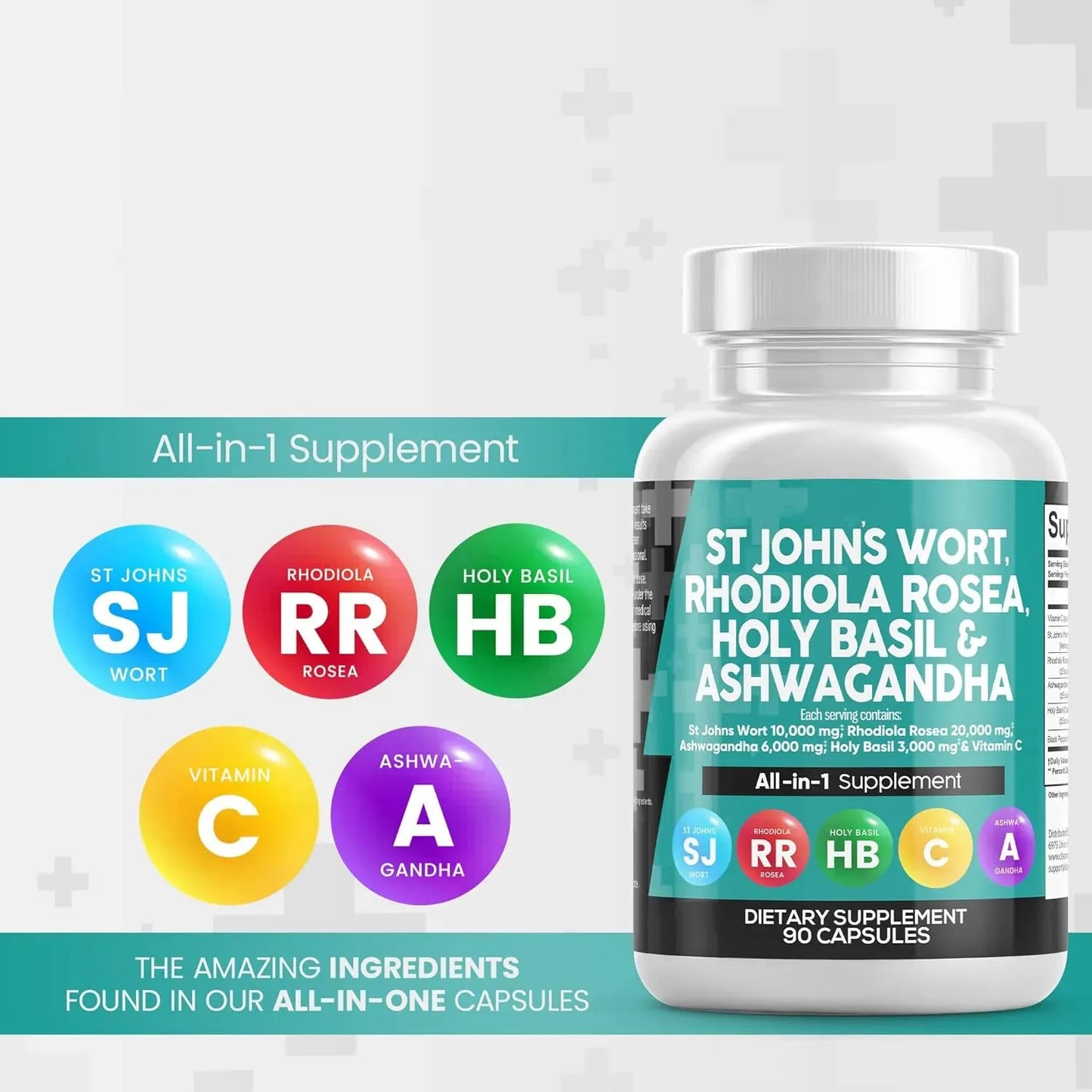 Adult Mood Support Supplements St John's Wort Capsules Rhodiola Rosea Holy Basil Vitamin C Black Pepper Extract Men Women