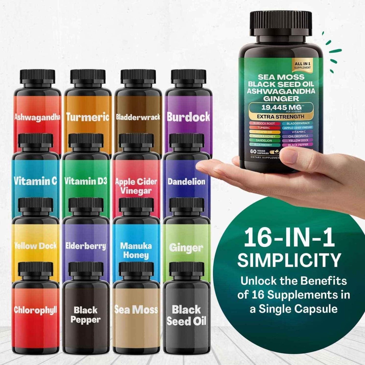 7000mg Sea Moss Capsules 16-in-1 Supplements Black Seed Oil Ashwagandha Turmeric Bladderwrack Burdock Complex Seamoss Capsule