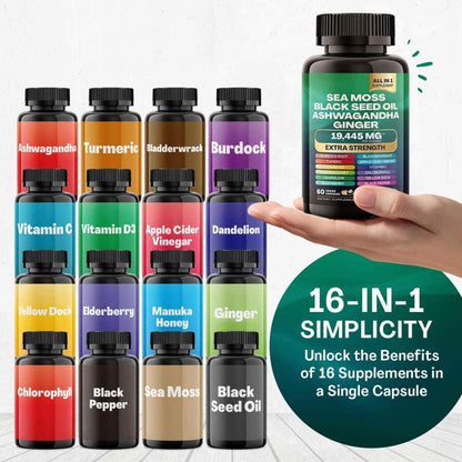 7000mg Sea Moss Capsules 16-in-1 Supplements Black Seed Oil Ashwagandha Turmeric Bladderwrack Burdock Complex Seamoss Capsule