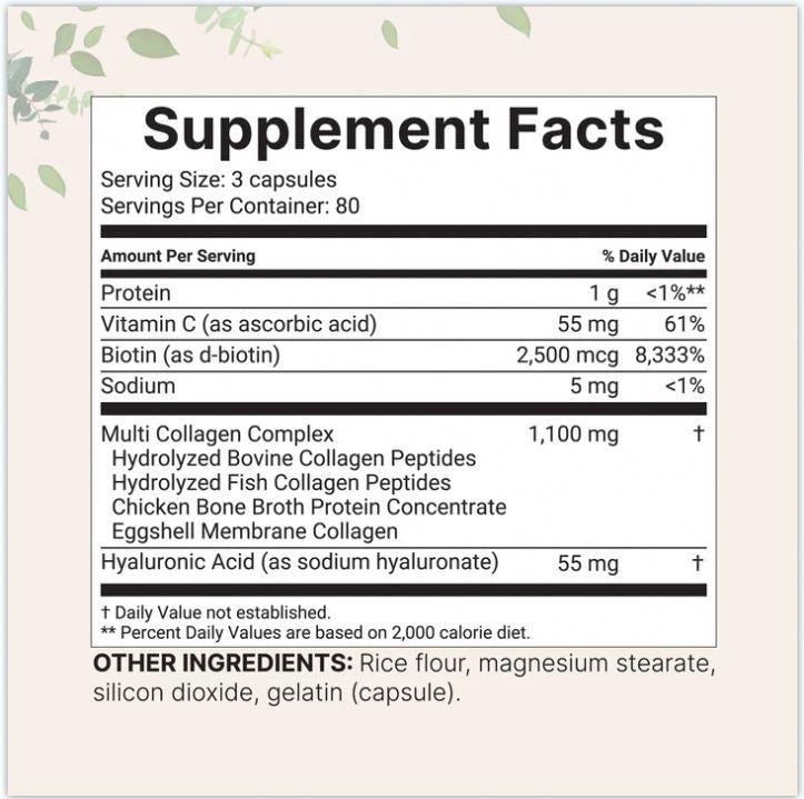 Multi Collagen Complex for Women, 240 Capsules with Hyaluronic Acid, Biotin, & Vitamin C  Hydrolyzed Protein Peptides